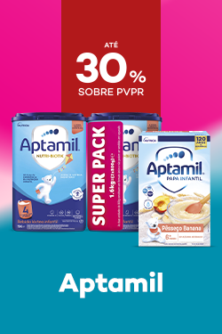 Marca Aptamil com destaque promocional de at&eacute; 30% sobre pre&ccedil;o de Venda ao P&uacute;blico Recomendado